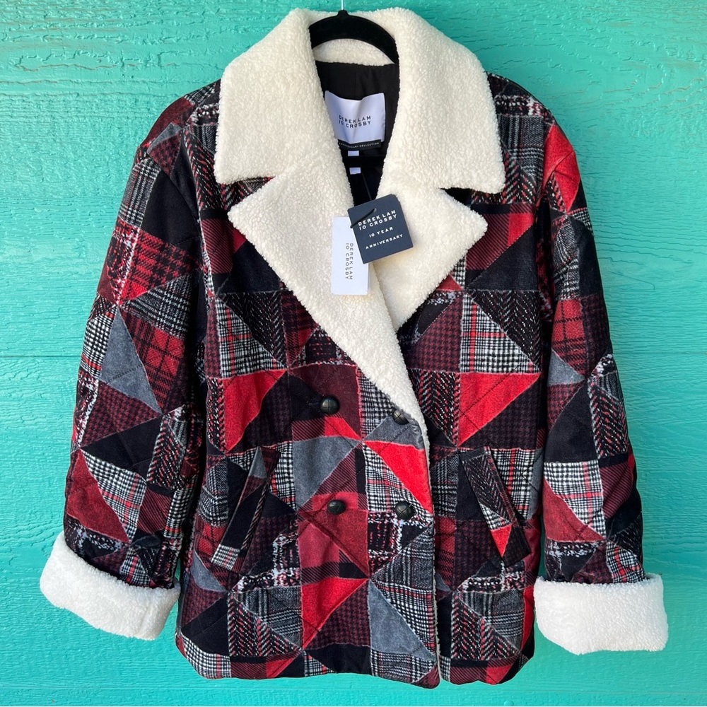 DEREK LAM QUILTED PATCHWORK PUFFER VELVET JACKET WITH SHERPA SIZE MEDIUM NWT